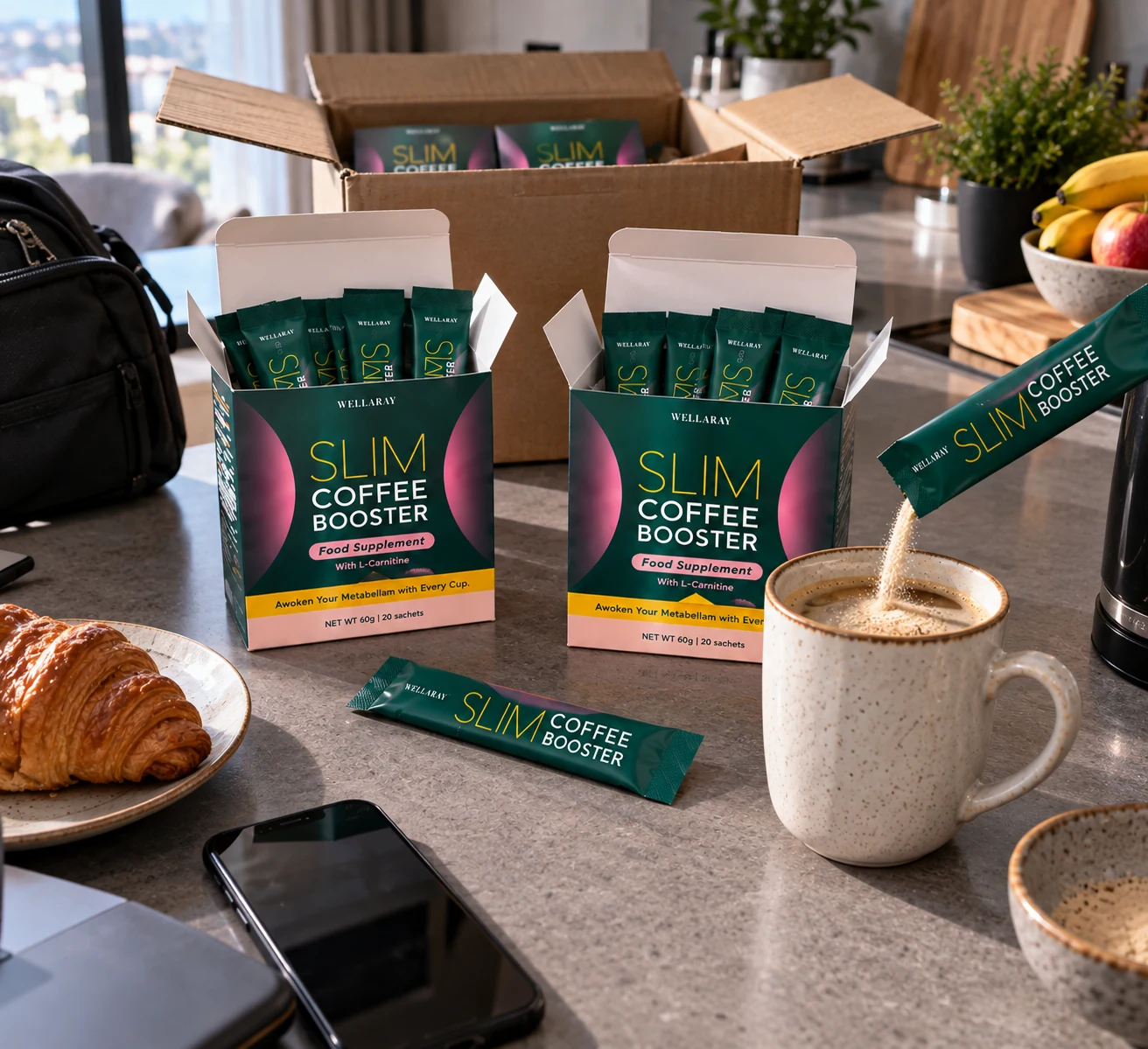Wellaray Slim Coffee Booster packs shown in a home setting